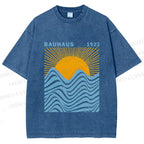 Unisex Bauhaus Sea Wave Sunset Printed Washed Tee