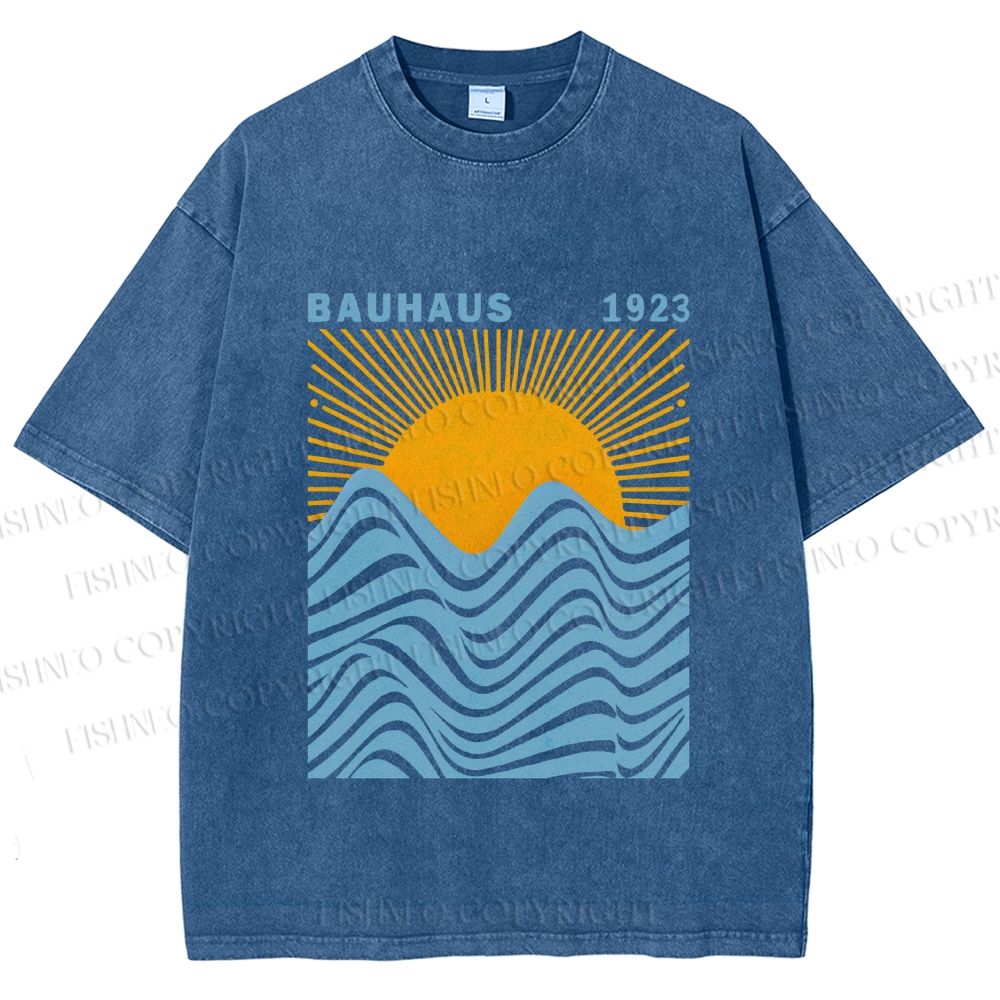 Unisex Bauhaus Sea Wave Sunset Printed Washed Tee