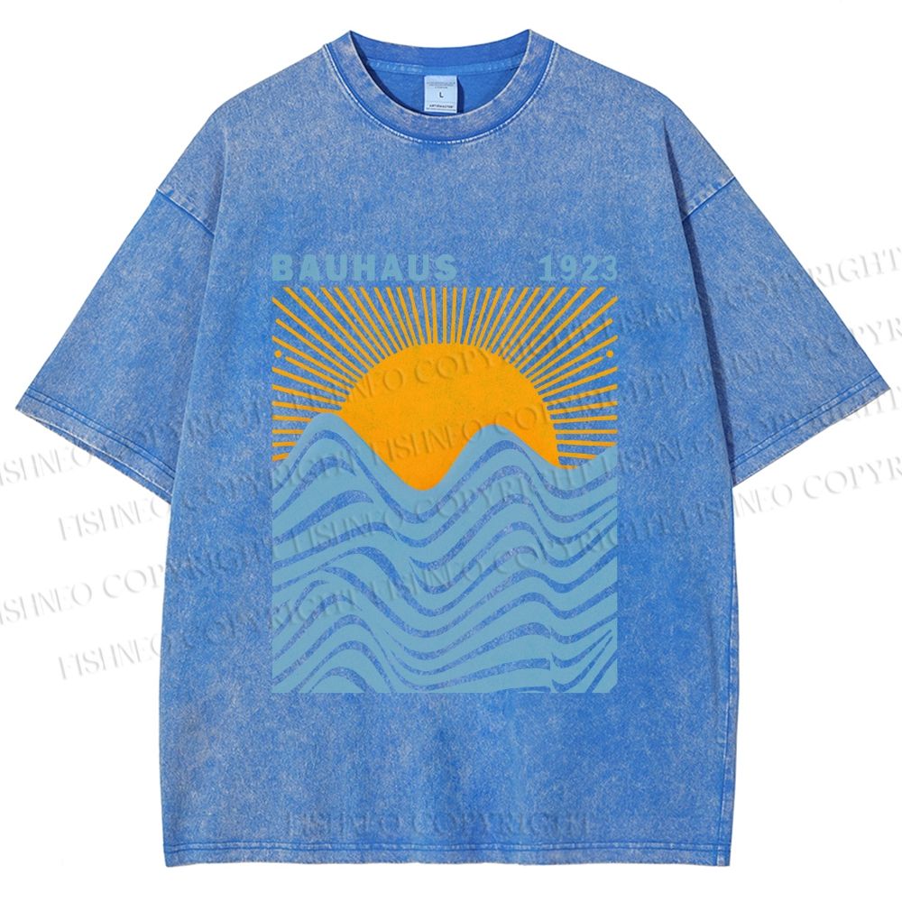 Unisex Bauhaus Sea Wave Sunset Printed Washed Tee