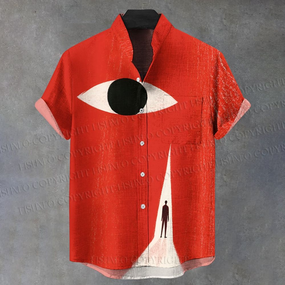 Men's Stand Collar Giant Eye Printed Short Sleeve Shirt