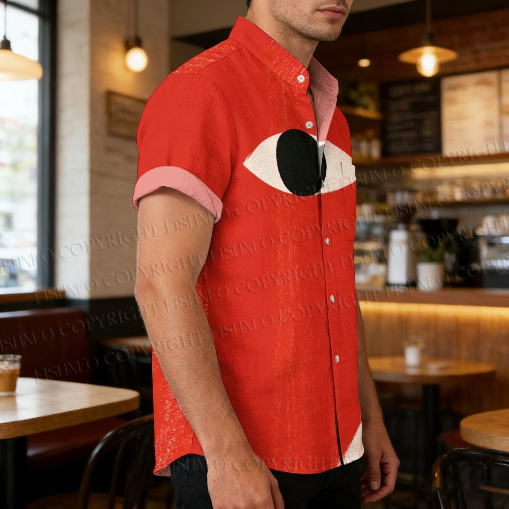 Men's Stand Collar Giant Eye Printed Short Sleeve Shirt