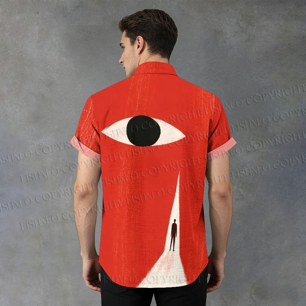 Men's Stand Collar Giant Eye Printed Short Sleeve Shirt