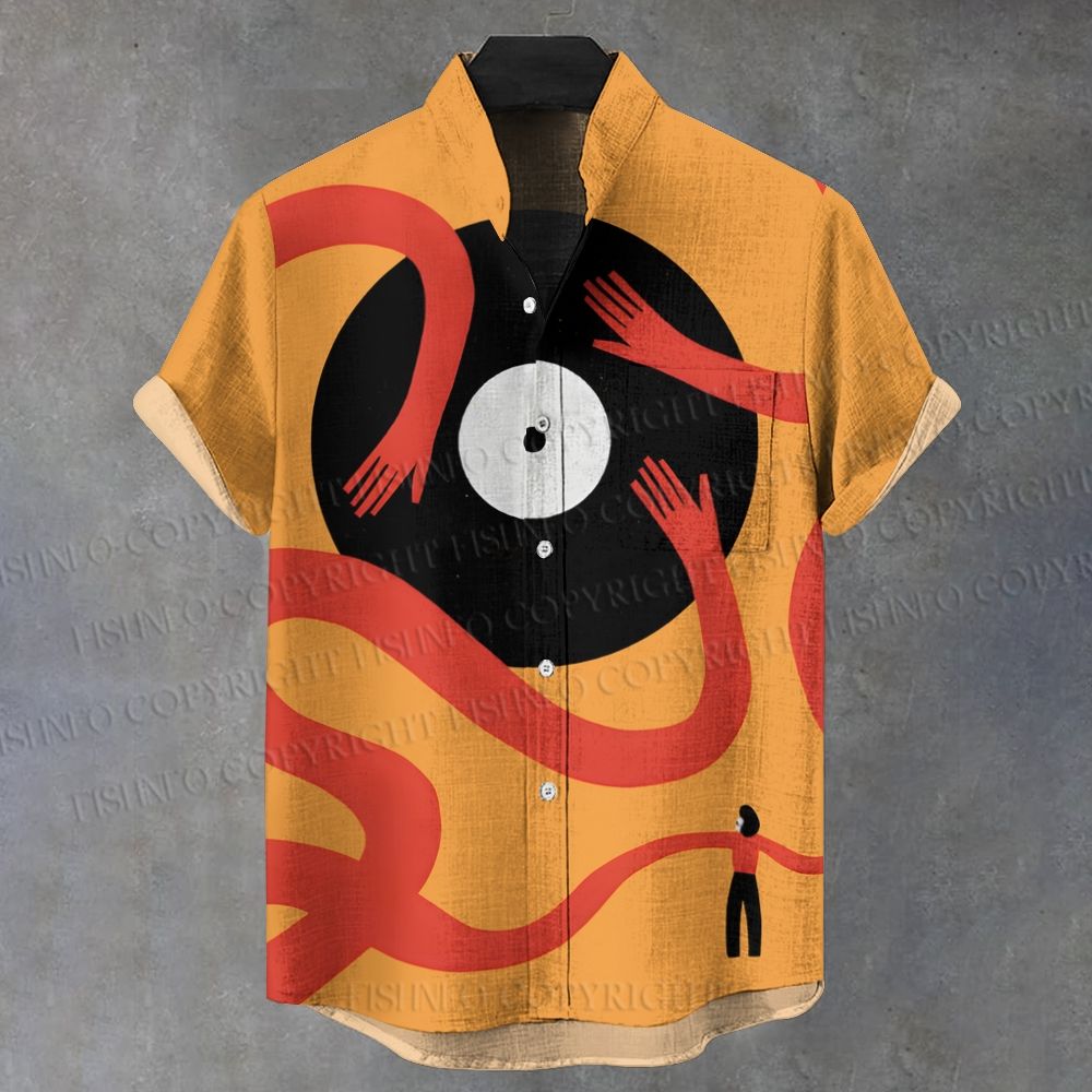 Men's Stand Collar Giant Vinyl Record Printed Short Sleeve Shirt