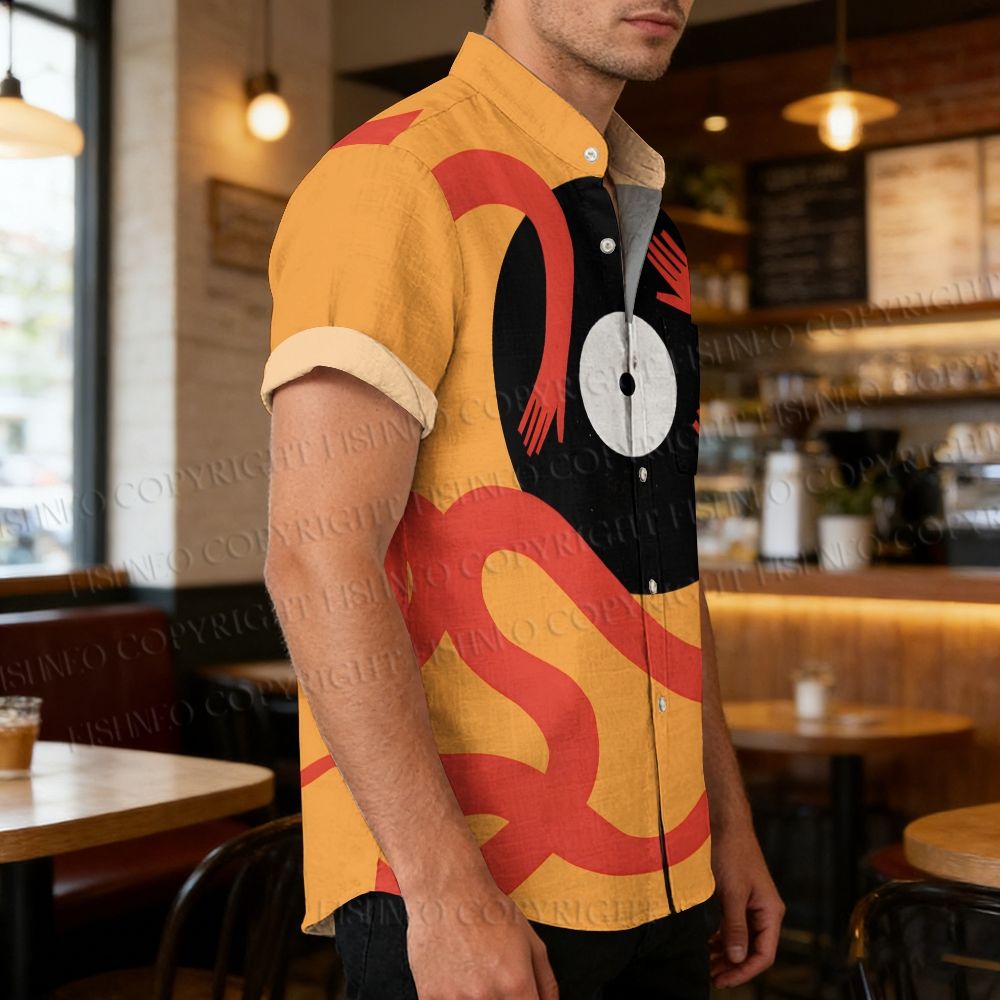 Men's Stand Collar Giant Vinyl Record Printed Short Sleeve Shirt