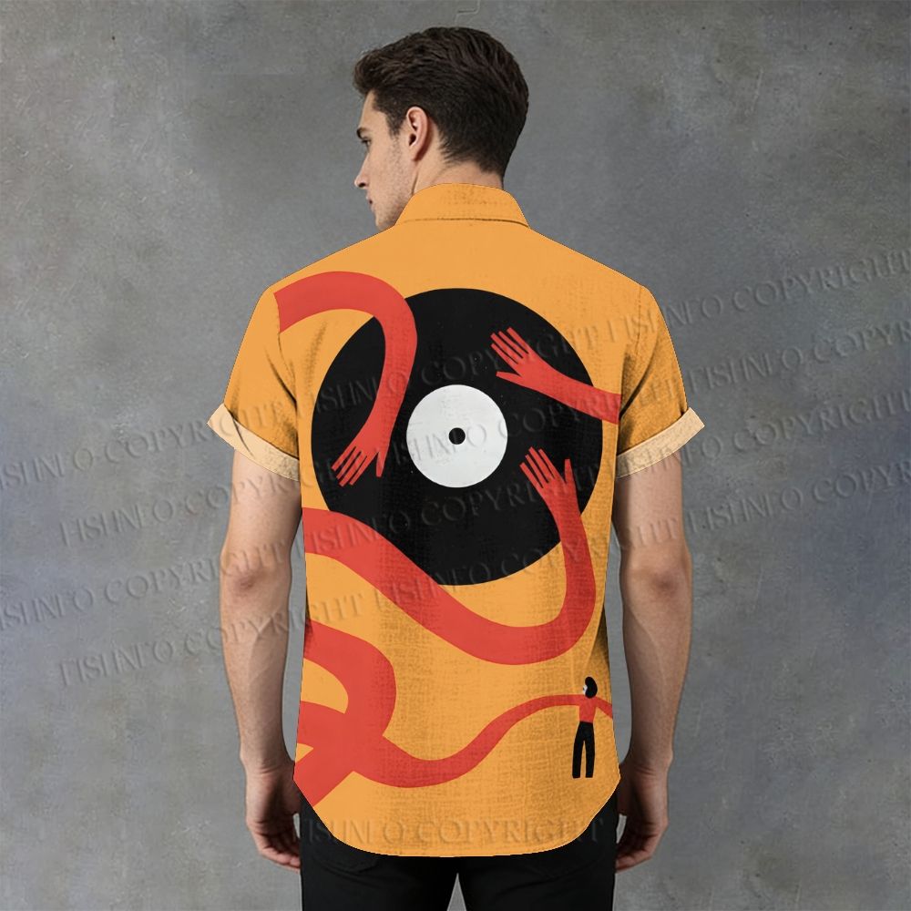 Men's Stand Collar Giant Vinyl Record Printed Short Sleeve Shirt