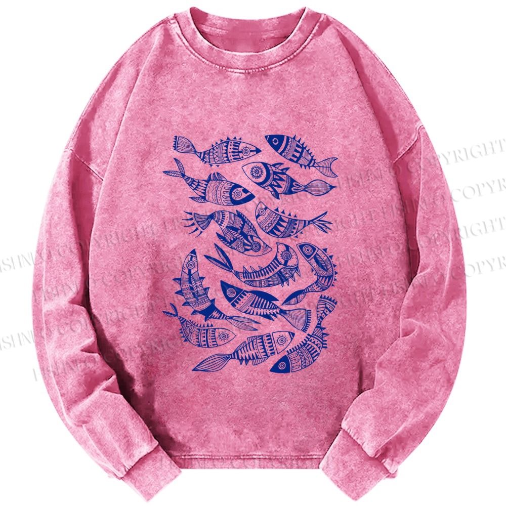 Unisex Casual Washed Vintage Fish Graffiti Printed Long Sleeve T-shirt