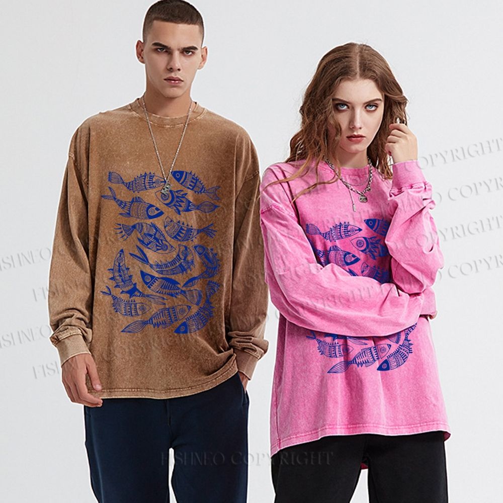 Unisex Casual Washed Vintage Fish Graffiti Printed Long Sleeve T-shirt
