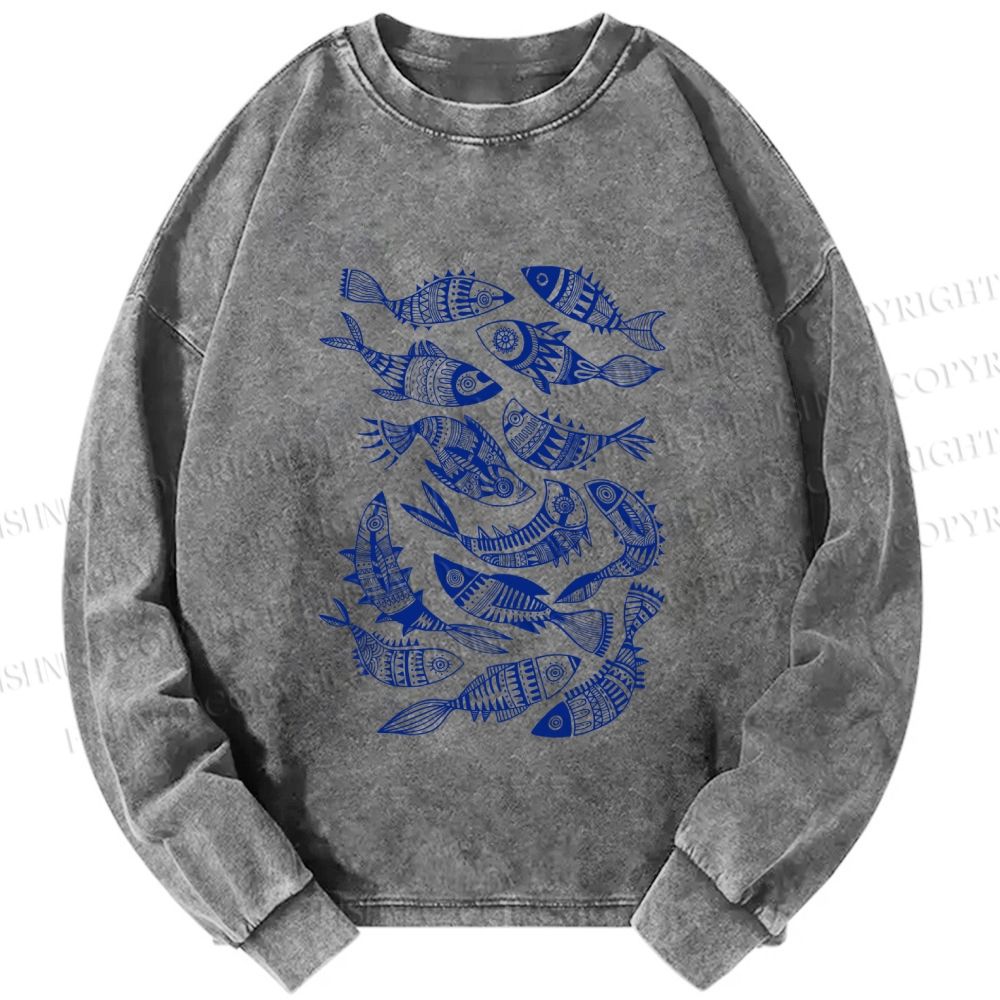 Unisex Casual Washed Vintage Fish Graffiti Printed Long Sleeve T-shirt