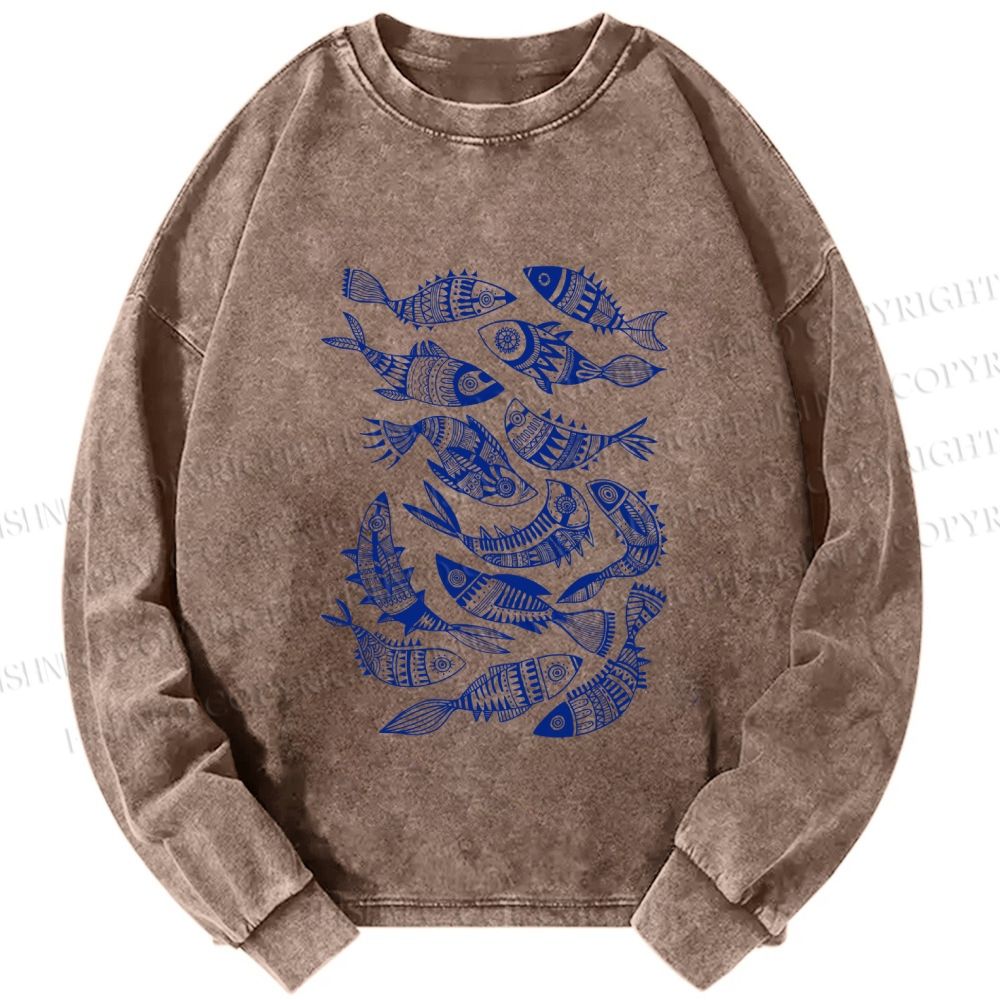 Unisex Casual Washed Vintage Fish Graffiti Printed Long Sleeve T-shirt