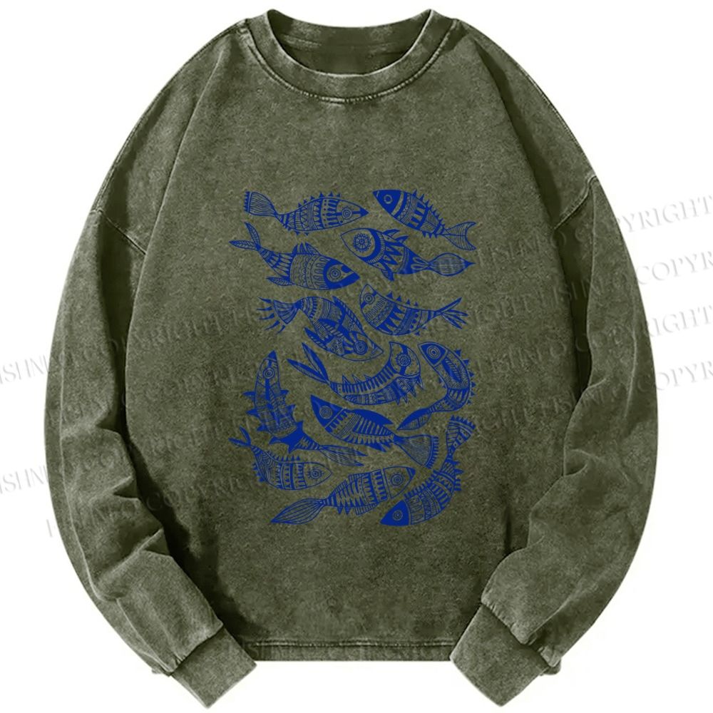 Unisex Casual Washed Vintage Fish Graffiti Printed Long Sleeve T-shirt