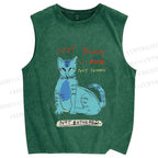 Unisex Cat Printed Washed Tank Top