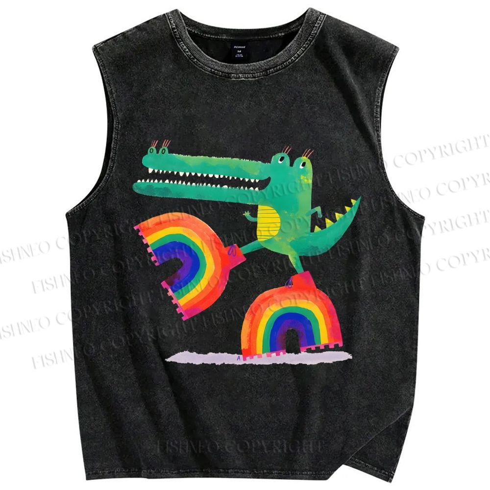 Unisex Crocodile With Rainbow Platform Boots Printed Washed Tank Top