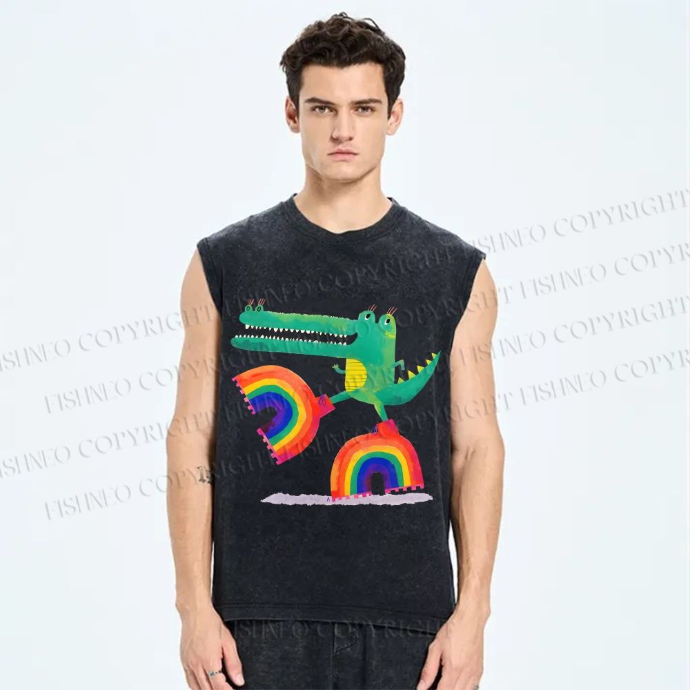 Unisex Crocodile With Rainbow Platform Boots Printed Washed Tank Top