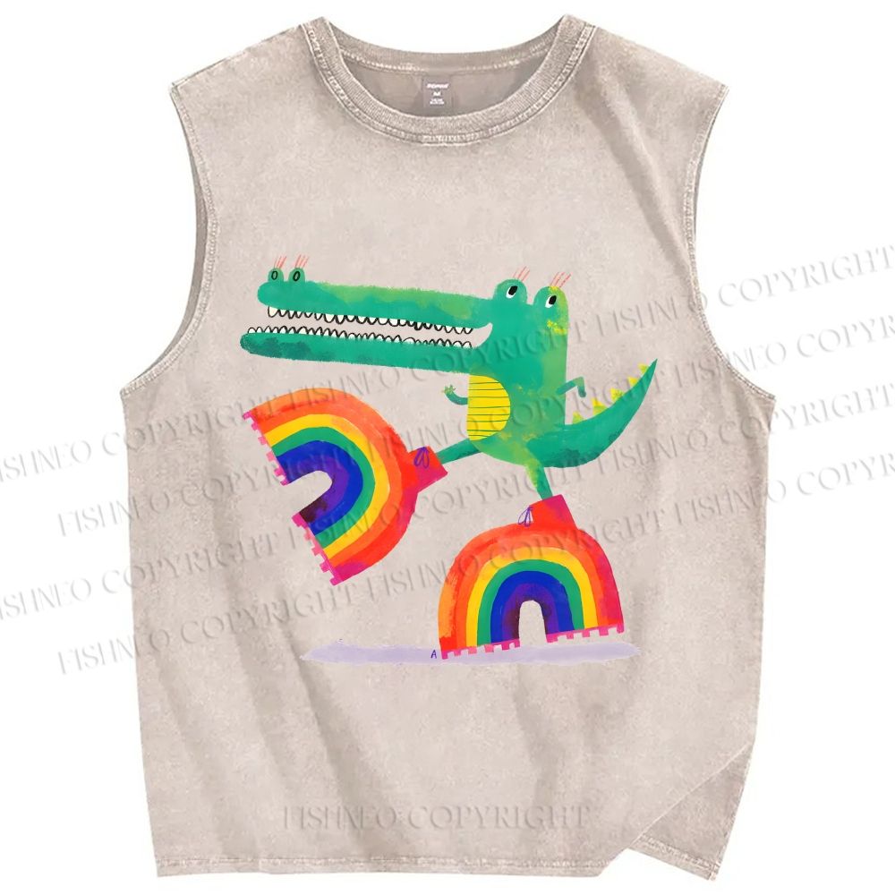 Unisex Crocodile With Rainbow Platform Boots Printed Washed Tank Top