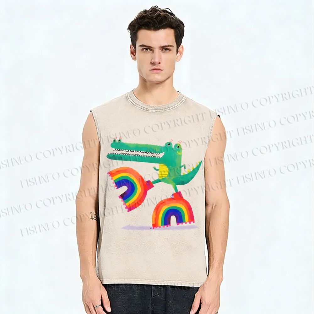 Unisex Crocodile With Rainbow Platform Boots Printed Washed Tank Top