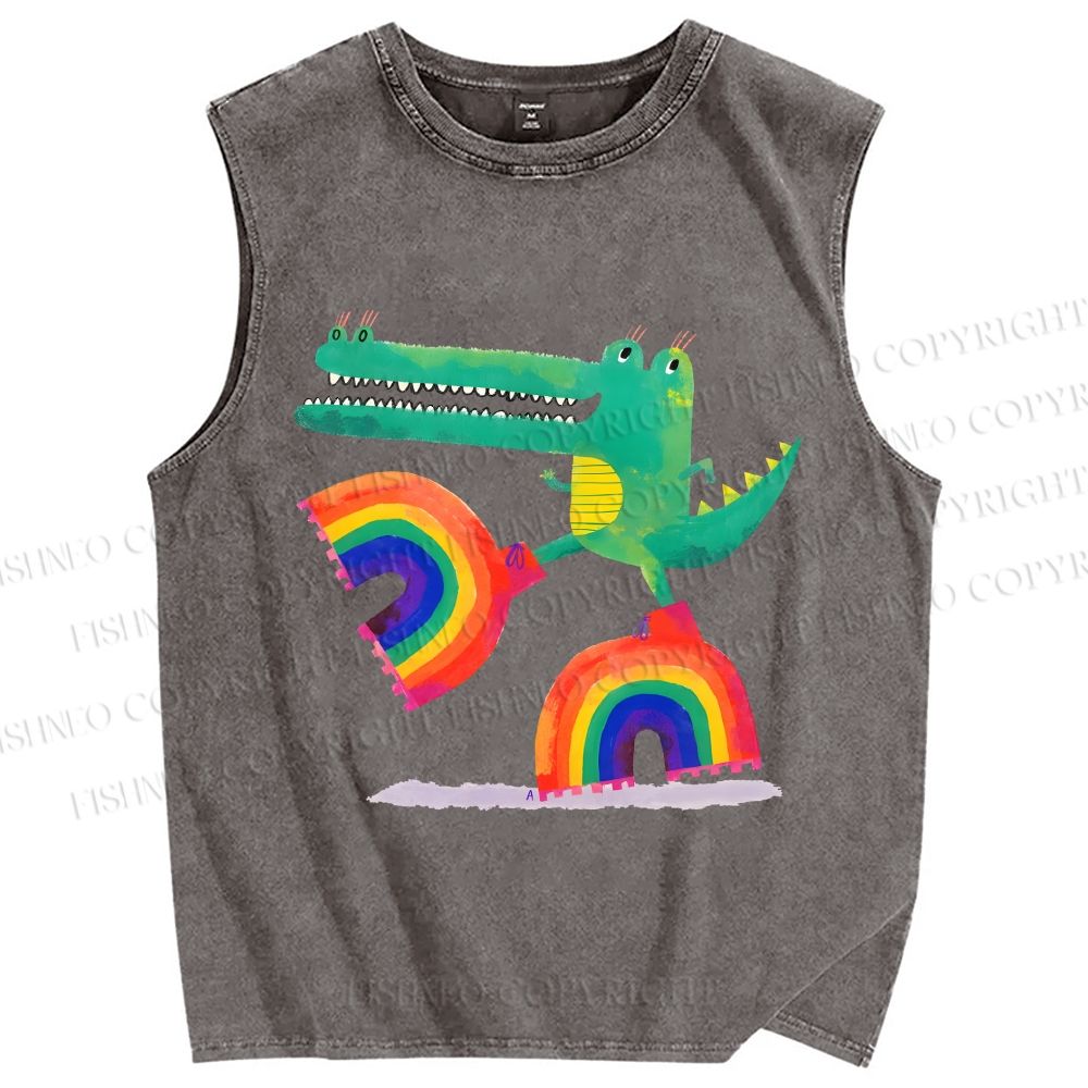 Unisex Crocodile With Rainbow Platform Boots Printed Washed Tank Top