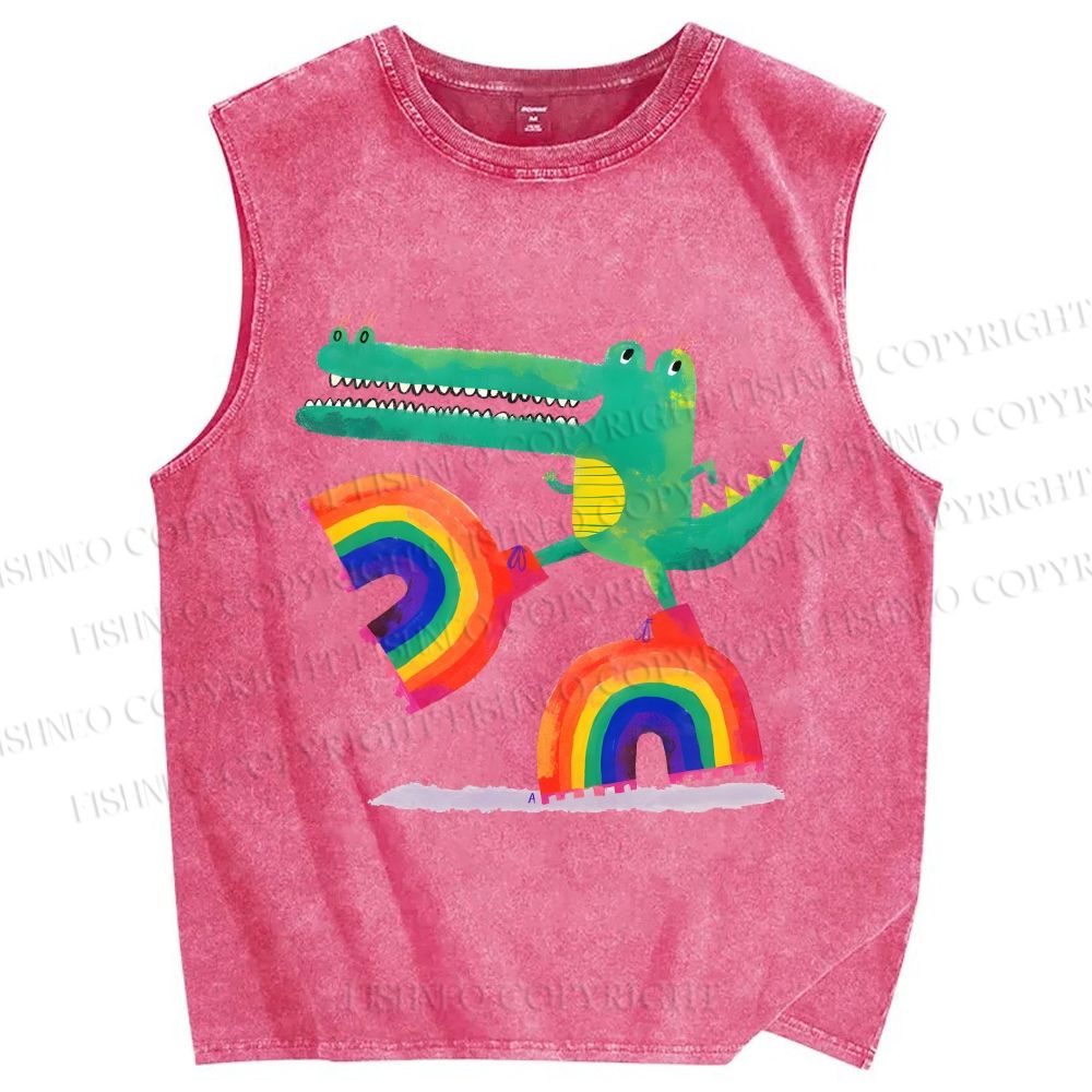 Unisex Crocodile With Rainbow Platform Boots Printed Washed Tank Top