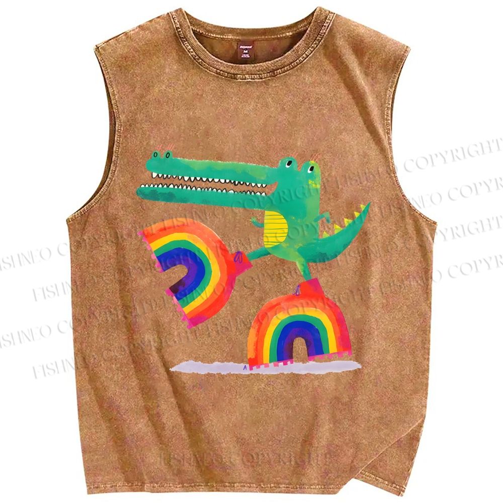 Unisex Crocodile With Rainbow Platform Boots Printed Washed Tank Top