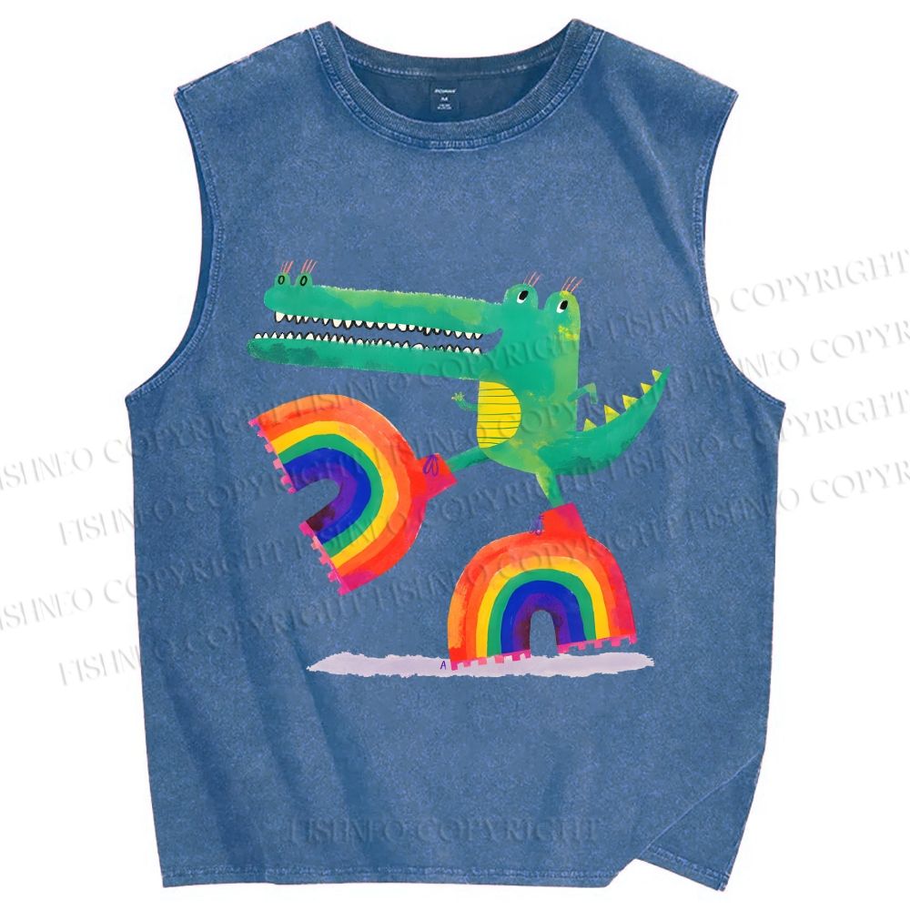 Unisex Crocodile With Rainbow Platform Boots Printed Washed Tank Top