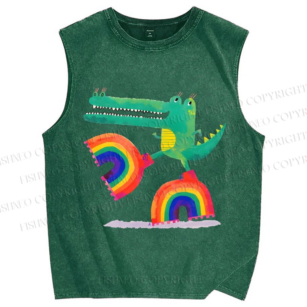 Unisex Crocodile With Rainbow Platform Boots Printed Washed Tank Top