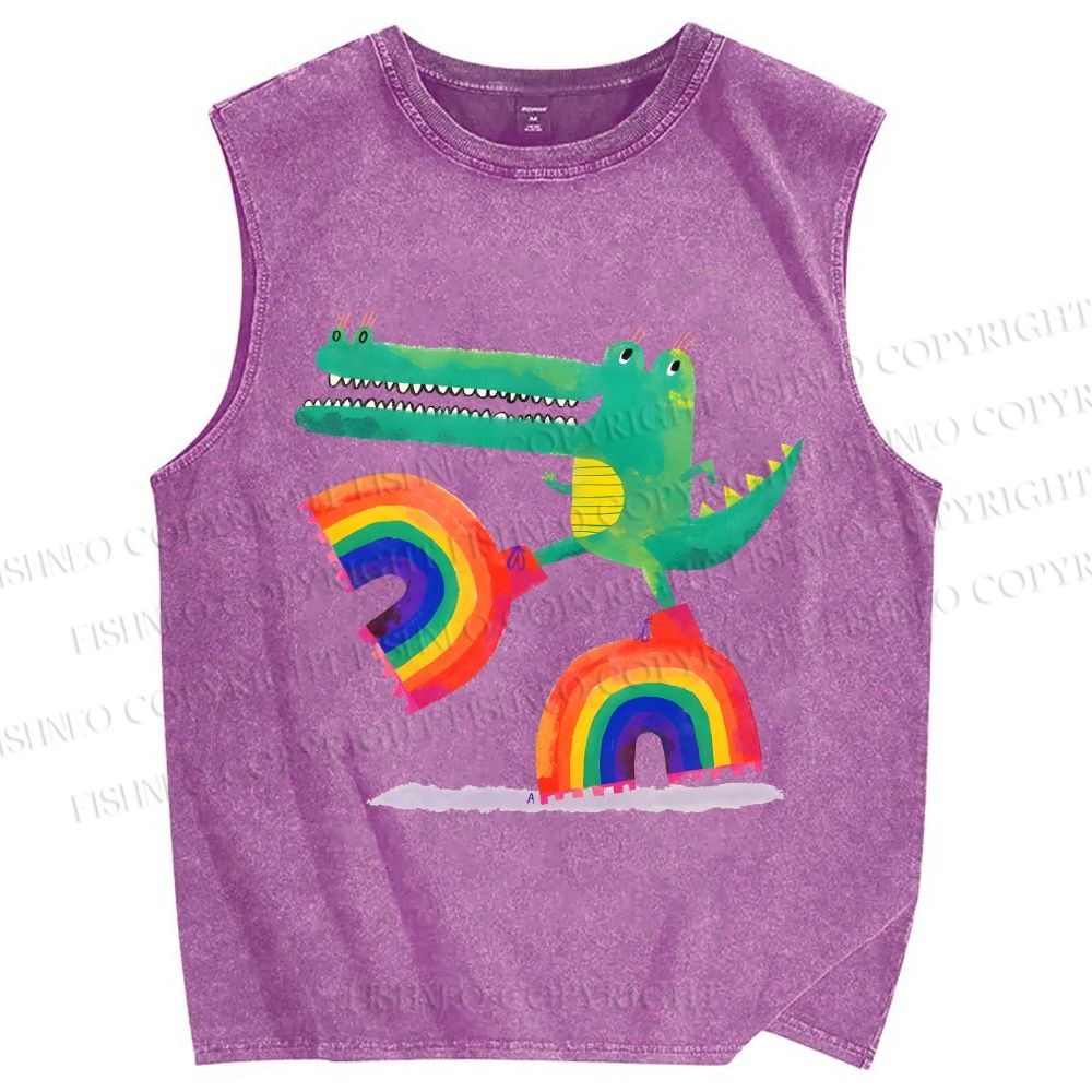 Unisex Crocodile With Rainbow Platform Boots Printed Washed Tank Top