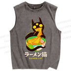 Unisex Ramen Cat Printed Washed Tank Top