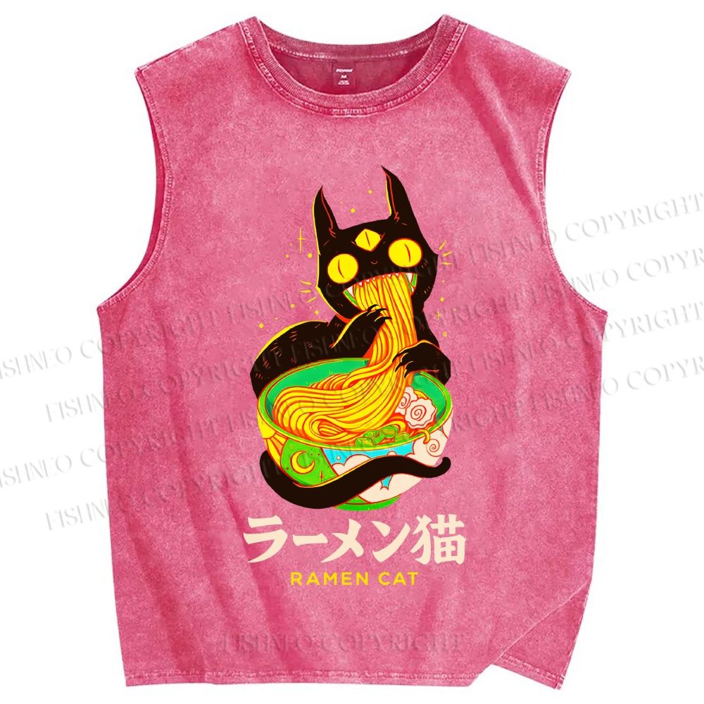 Unisex Ramen Cat Printed Washed Tank Top