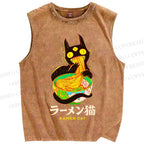 Unisex Ramen Cat Printed Washed Tank Top