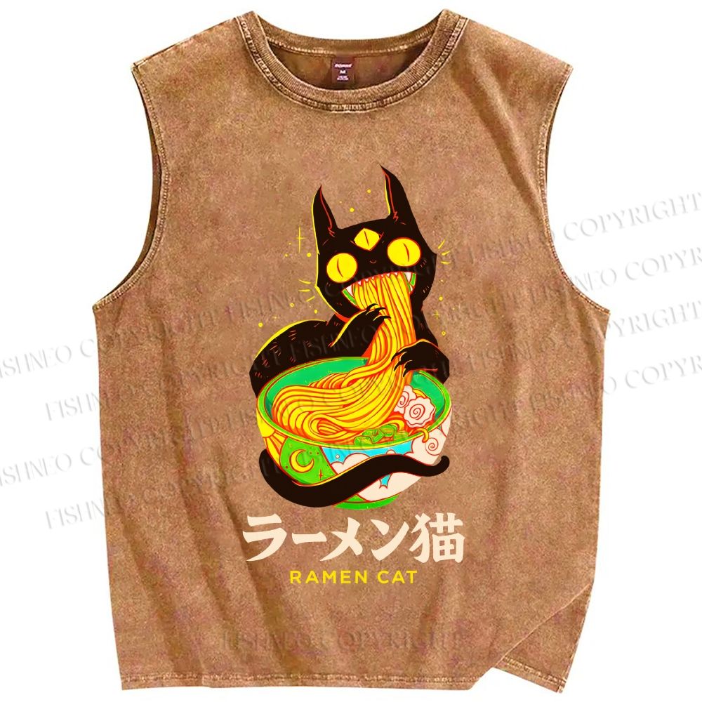 Unisex Ramen Cat Printed Washed Tank Top