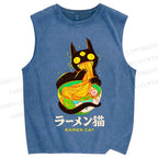 Unisex Ramen Cat Printed Washed Tank Top