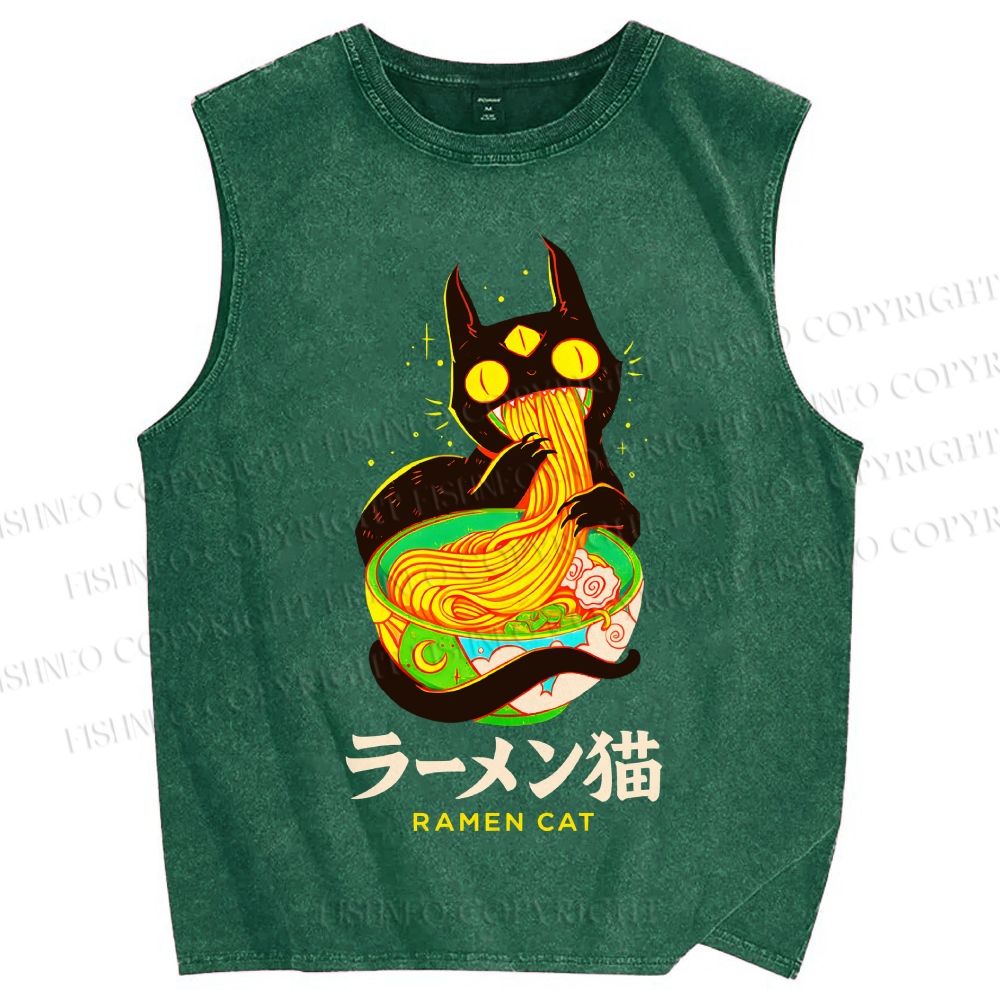 Unisex Ramen Cat Printed Washed Tank Top