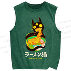 Unisex Ramen Cat Printed Washed Tank Top