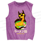 Unisex Ramen Cat Printed Washed Tank Top