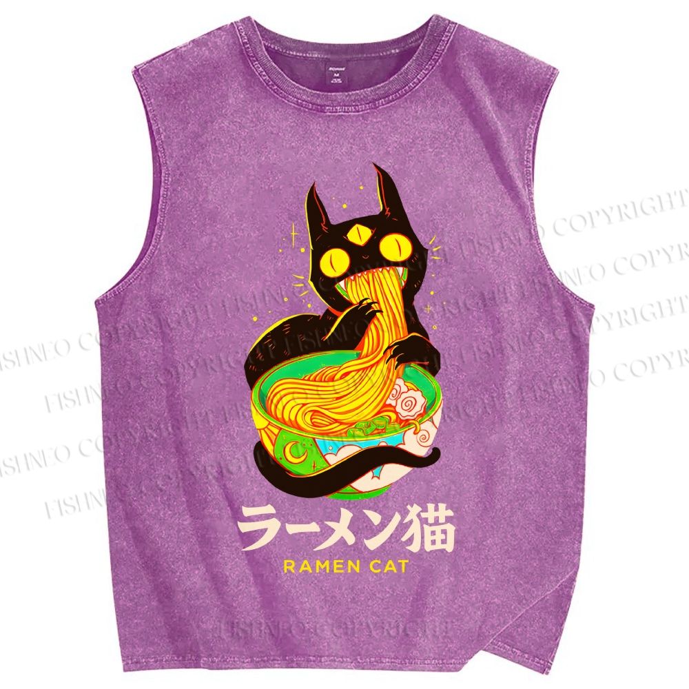 Unisex Ramen Cat Printed Washed Tank Top