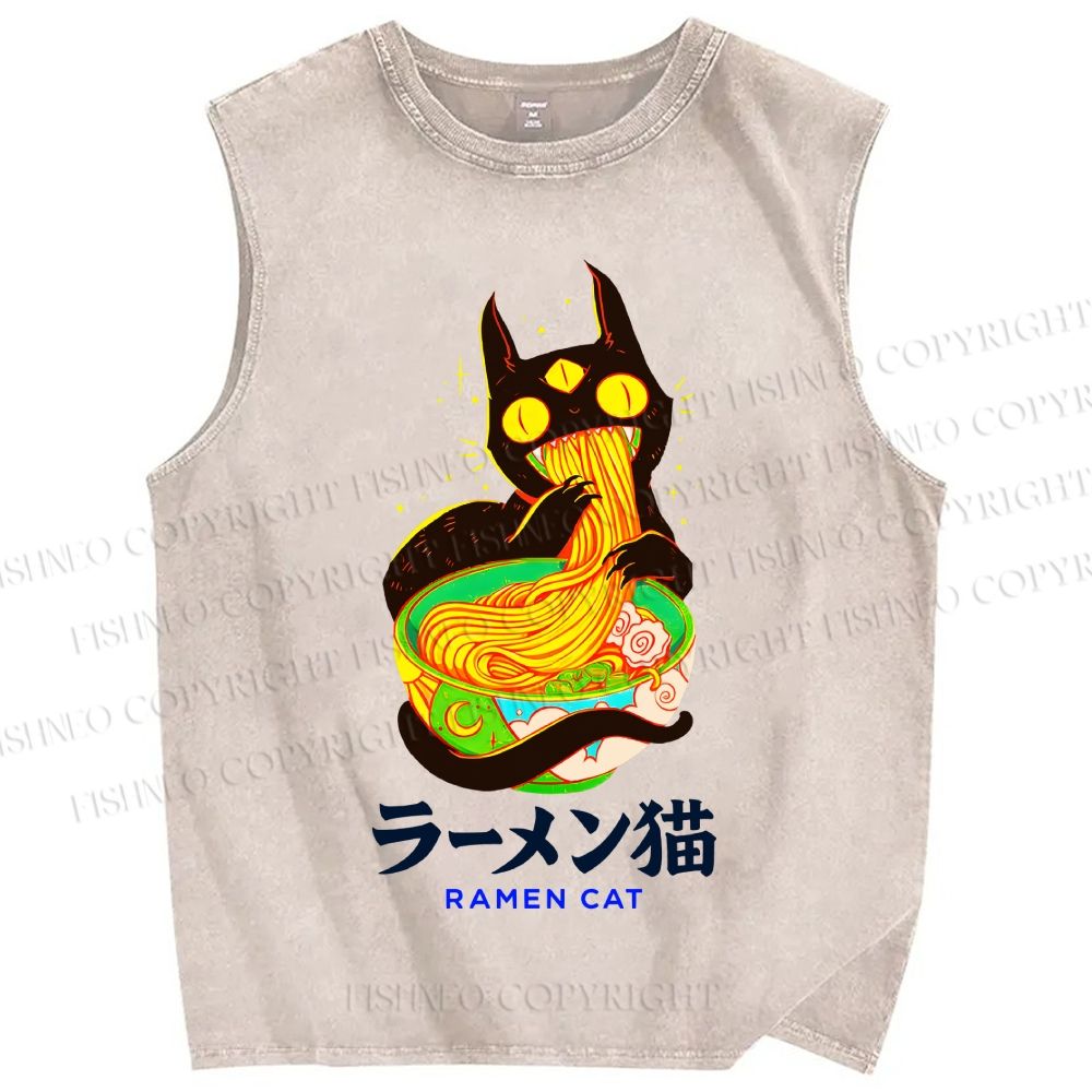 Unisex Ramen Cat Printed Washed Tank Top