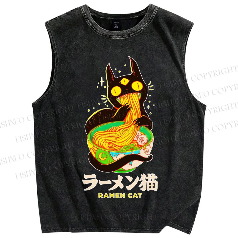 Unisex Ramen Cat Printed Washed Tank Top