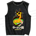 Unisex Ramen Cat Printed Washed Tank Top