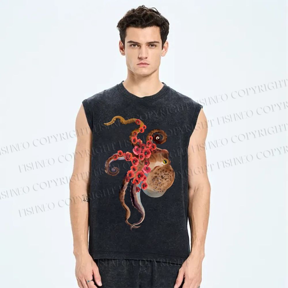 Unisex Octopus Printed Washed Tank Top