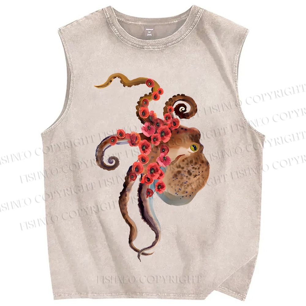 Unisex Octopus Printed Washed Tank Top