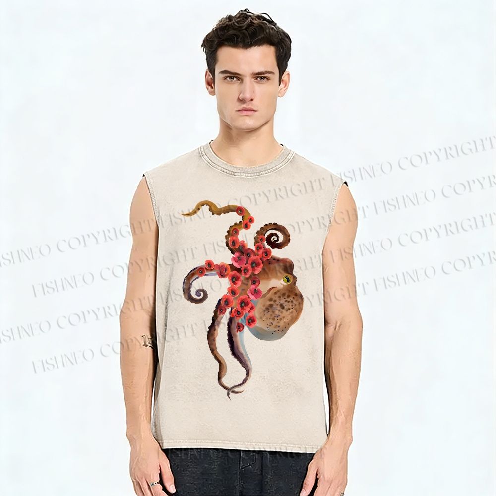 Unisex Octopus Printed Washed Tank Top
