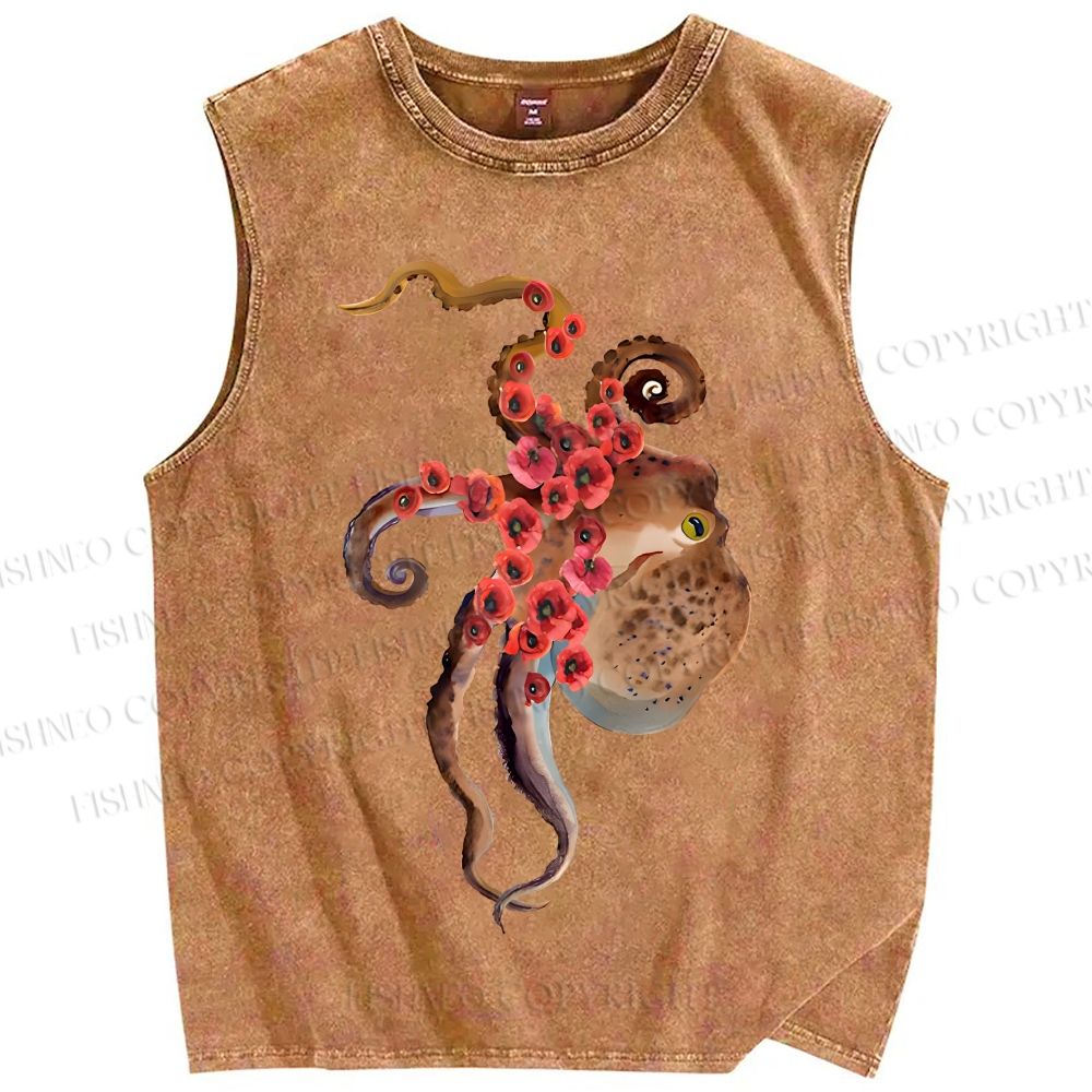 Unisex Octopus Printed Washed Tank Top