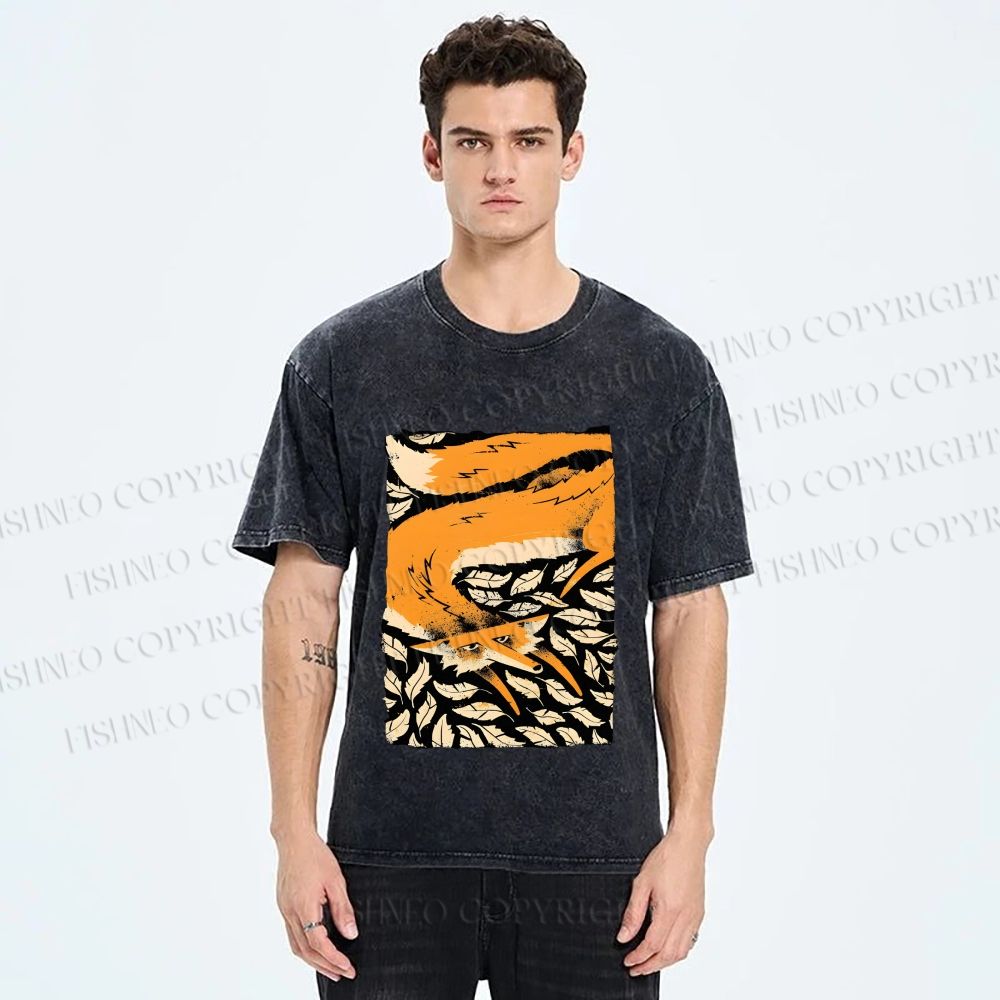 Unisex Fox in Leaves Printed Washed Tee