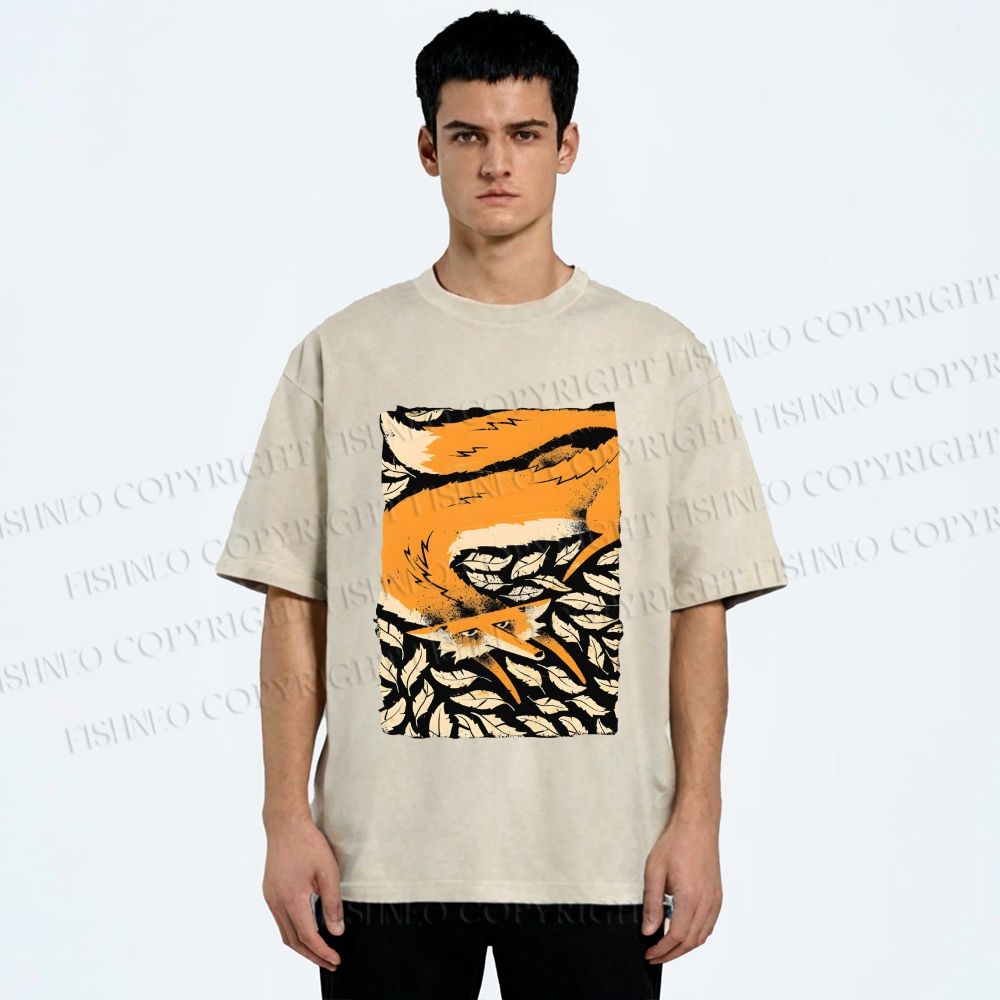 Unisex Fox in Leaves Printed Washed Tee