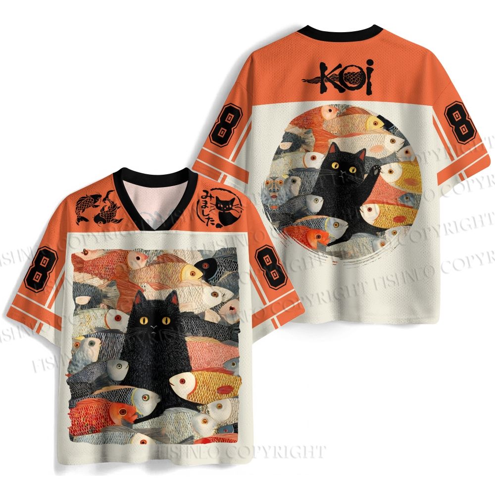 Japanese Black Cat Koi Fish Jersey Shirts