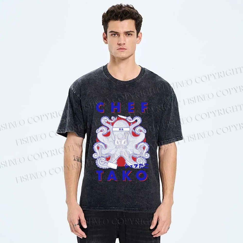 Unisex Chef Tako Printed Washed Tee