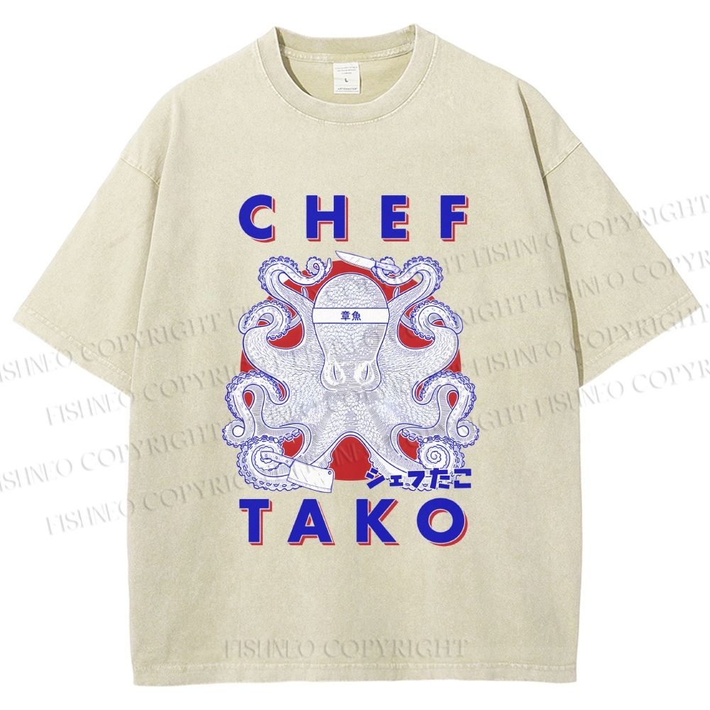 Unisex Chef Tako Printed Washed Tee