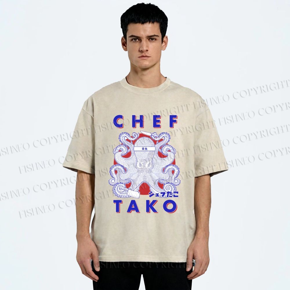 Unisex Chef Tako Printed Washed Tee