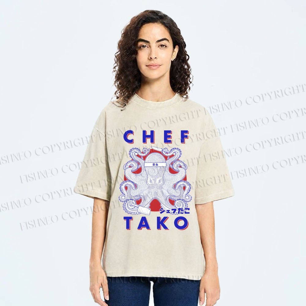 Unisex Chef Tako Printed Washed Tee