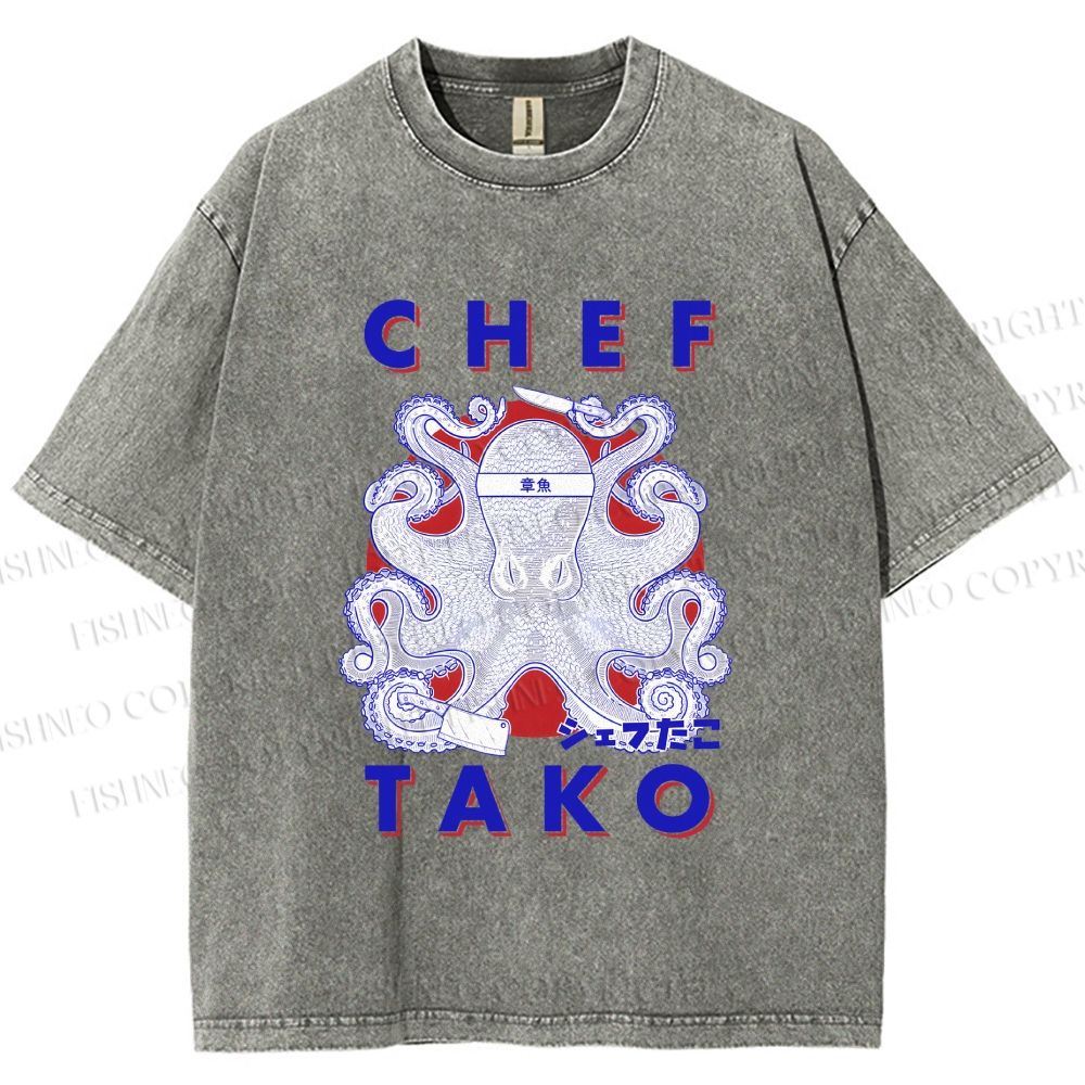 Unisex Chef Tako Printed Washed Tee