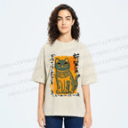 Unisex Cat Printed Washed Tee